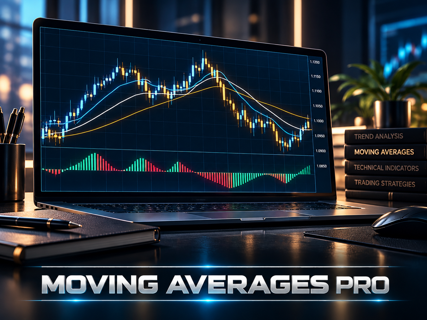 Moving Averages PRO trading artwork with three moving-average lines on a laptop chart