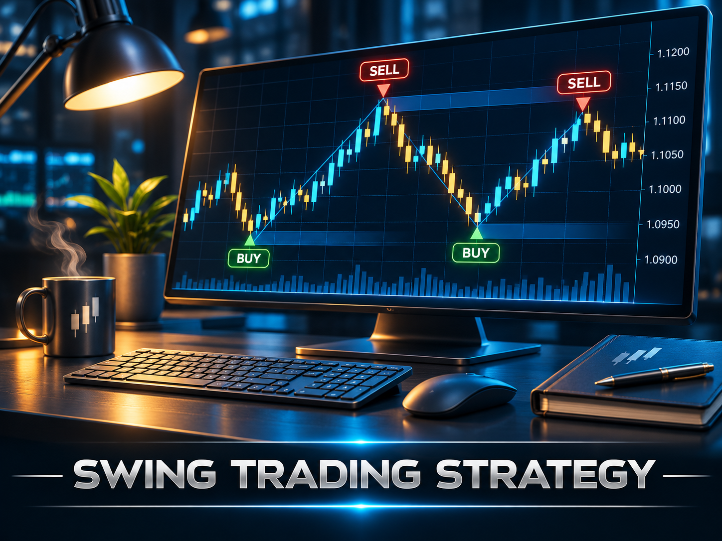 Swing Trading Strategy artwork showing buy and sell swing entries on a trading monitor